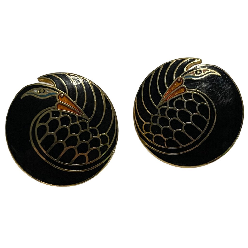 Laurel Burch Myhan Bird Gold Tone Pierced Earrings Post Peacock Black Enamel 19$